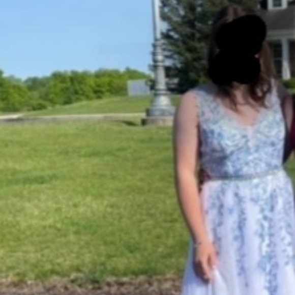 White Prom Dress with Blue Flower Embroidery - Picture 6 of 6